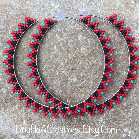 DoubleACreations Jewelry - Red and Turquoise Beaded Hoops